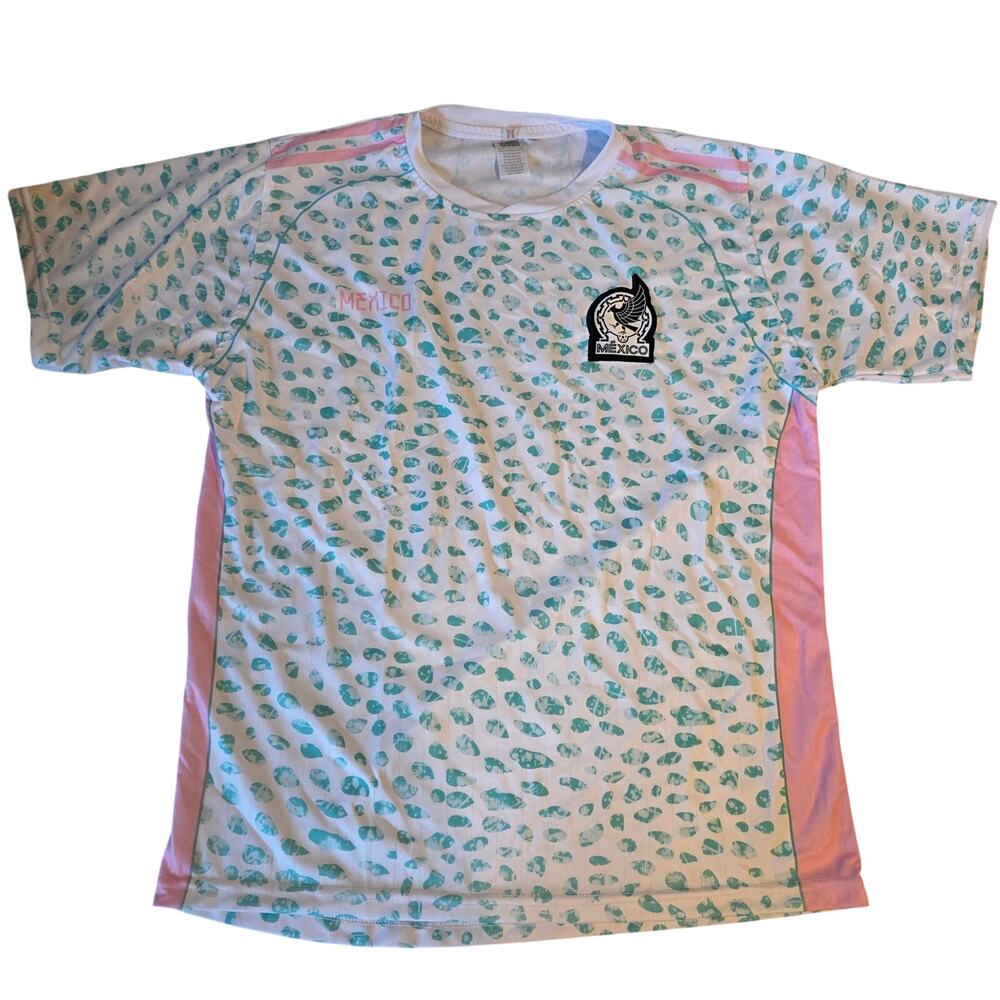 Mexico Soccer Jersey Teal Pebble Print Pink Stripe Graphic Futbol Shirt Medium